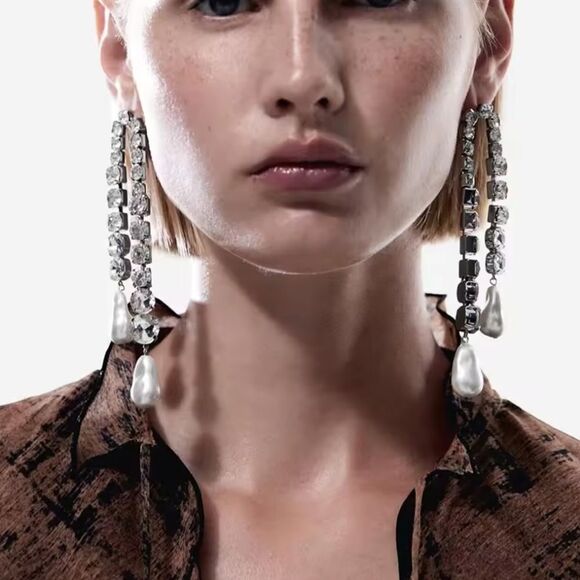 New ZARA Rhinestone fringe pearl drop dangle cocktail earrings - Picture 6 of 12